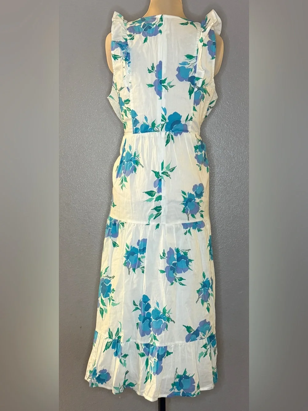 J Crew Sleeveless White Floral Midi Zipper Dress Blue Flowers Pockets NWT Sz 14